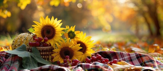 Fototapete - Colorful autumn picnic scene with sunflowers on a picnic blanket background showcasing a still life concept with room for additional image elements