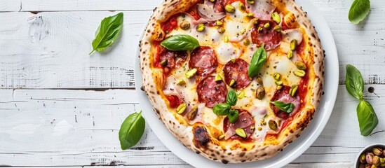 Leinwandbilder - Delicious homemade pizza topped with mortadella sausage pistachios and basil surrounded by melted cheese displayed on a white plate against a white wooden backdrop with copy space image