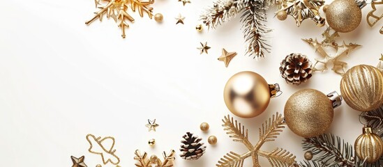 Poster - Top view of Christmas decorations in gold hues placed on a white backdrop embodying a festive and celebratory theme with copy space image