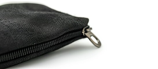 Poster - Canvas pouch in black with zipper isolated on white background in a slightly blurred close up shot offering copy space for additional elements