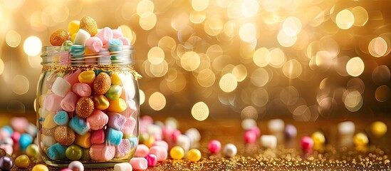 Sticker - Colorful dragees candies and marshmallows in a glass jar for a festive party setup against a golden backdrop with copy space image