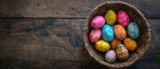 Wall Mural - A top down view of Easter eggs in a wicker bowl on a wooden surface with a clear area for additional images