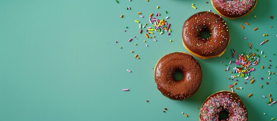 Poster - Delicious chocolate donuts with sprinkles on a vibrant green surface Unhealthy yet tasty treats with a copy space image available Top down perspective