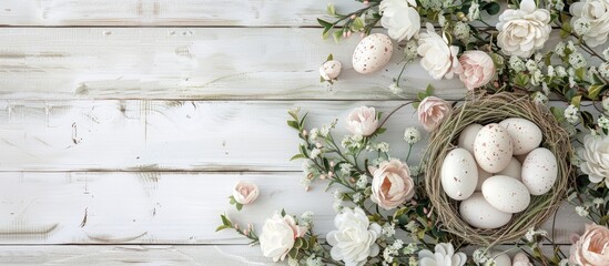 Wall Mural - A charming Easter themed backdrop with blooming flowers and a nest filled with eggs set against white wooden boards ideal for showcasing in a copy space image