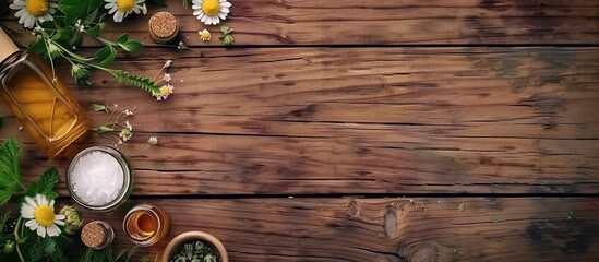 Poster - A close up image featuring natural organic ingredients like essential oils flower and herbal extracts in cosmetics for aromatherapy and relaxation on a wooden background with copy space