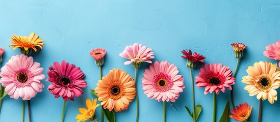 Poster - Banner with a border created from vibrant gerbera flowers set against a serene blue backdrop ideal for incorporating a copy space image