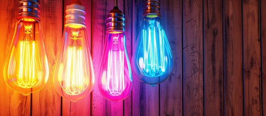 Poster - Close up view of neon light bulbs against wooden ceiling with copy space image