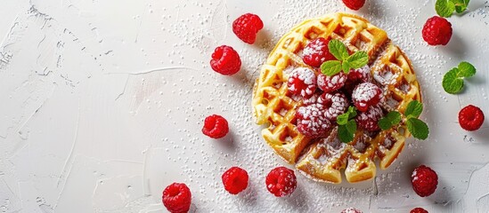 Aufkleber - A delicious Belgian waffle topped with raspberries sugar and mint on a white table Seen from above there is room for text in the image. Creative banner. Copyspace image