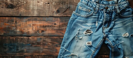 Aufkleber - Denim jeans with a ripped finish lie on a rustic wooden surface providing a versatile background for any copy space image