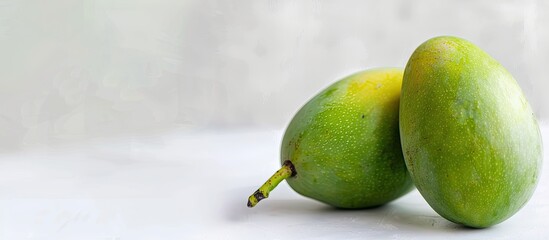 Poster - Close up of two fresh green mangoes with stem on white background creating a tropical food background with copy space image