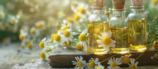 Poster - Bottles of medicinal herbs highlight chamomile oil extract with a selective focus on nature in a copy space image