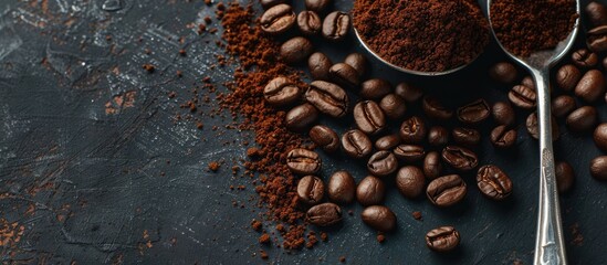 Aufkleber - A close up shot of coffee beans on a black mirror background with a spoon of ground coffee providing copy space image