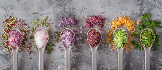 Poster - Top down frame with colorful spa salt filled spoons featuring herbs on a grey background allowing for a copy space image to be added