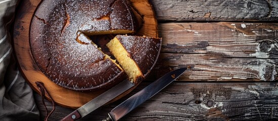 Poster - A delectable cake with condensed milk displayed on a wooden backdrop while a knife slices a portion creating a delightful scene in the copy space image