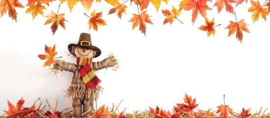 Poster - Autumn themed scene featuring fall leaves and a scarecrow on a white background with copy space image