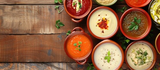 Canvas Print - Aerial shot showcasing bowls of creamy soup with copy space image