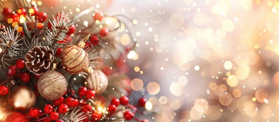 Poster - Christmas greeting card with festive decorations on a bokeh background conveying a New Year theme with ample copy space in a flat lay style shown from a top view perspective