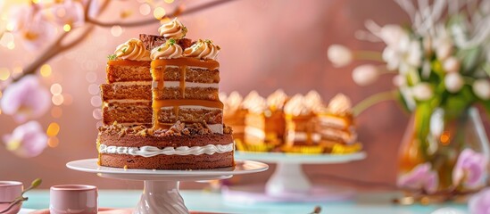 Poster - Colorful background enhances dessert stand with delectable caramel cake creating an appealing display in the photo with copy space image