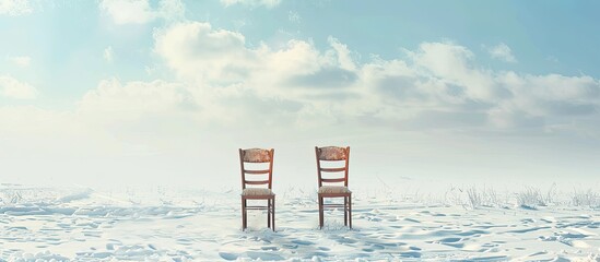 Poster - Creative concept showcasing two chairs on a snowy field with empty space for text or images utilizing copy space image