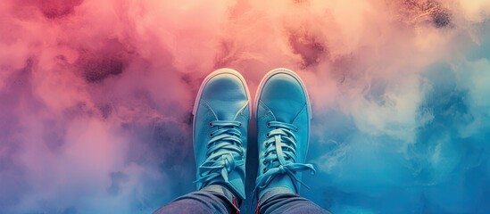 Poster - Top down view of blue sneakers on a colorful background with clouds creating a scenic copy space image