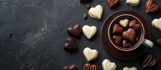 Poster - Dark and white heart shaped chocolates and a cup of robust coffee elegantly arranged on a black backdrop with copy space image