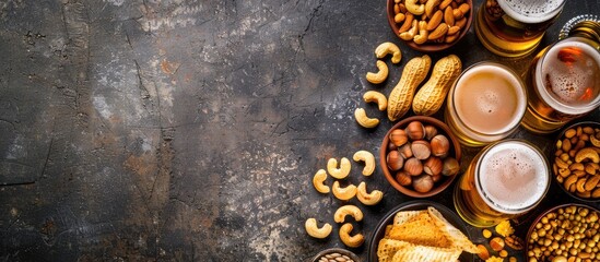 Poster - Top view of assorted nuts lager beer and snacks displayed on a stone table with plenty of space for additional content in the image