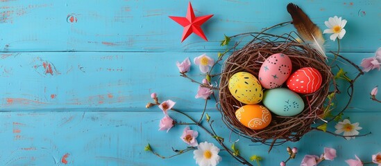Fototapete - Celebrate Easter with a vibrant display of Easter eggs in a nest accompanied by a paper star flower and feather on a pastel colored bright blue and white wooden backdrop ideal for a copy space image