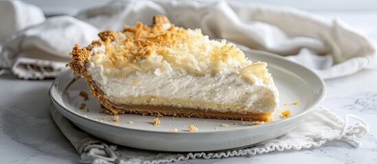 Poster - Coconut cream pie displayed on a white plate with a light cloth napkin underneath in a setting suitable for a copy space image