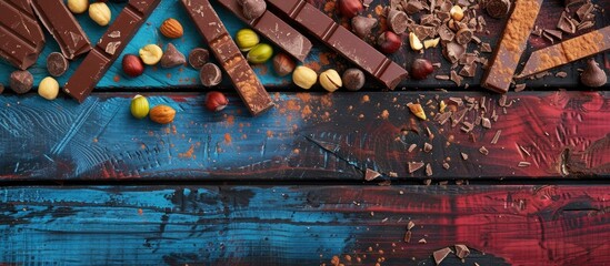 Poster - Colorful wooden background with chocolate pieces and nuts creates an appealing copy space image