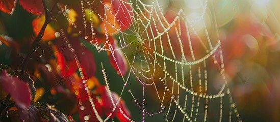 Canvas Print - Close up image of dew on a cobweb post autumn rain with a visible copy space for additional details or text capturing the essence of the season