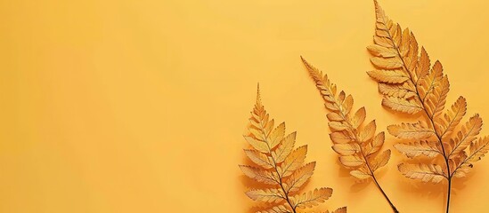 Poster - Autumn fern leaves on yellow backdrop with copy space image viewed from above in a minimalistic horizontal style