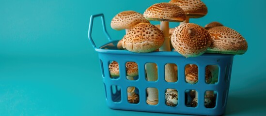 Aufkleber - Blue shopping basket with mushrooms on a green background emphasizing the shopping concept with a copy space image