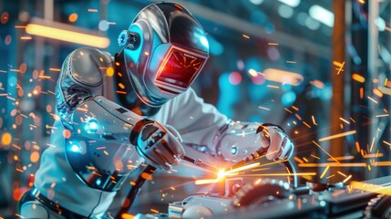 Poster - A robot is working on a machine in a factory. The robot is wearing a white suit and has a red face. The scene is set in a factory with sparks flying around. The robot is focused on its task