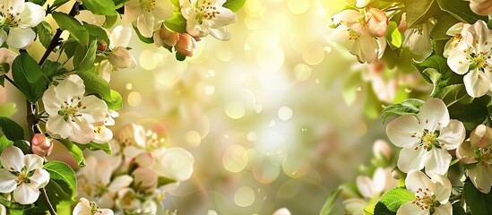 Poster - Beautiful apple tree branches adorned with white flowers and green leaves in full bloom creating a stunning floral border frame perfect for a copy space image on a sunny day in spring or summer