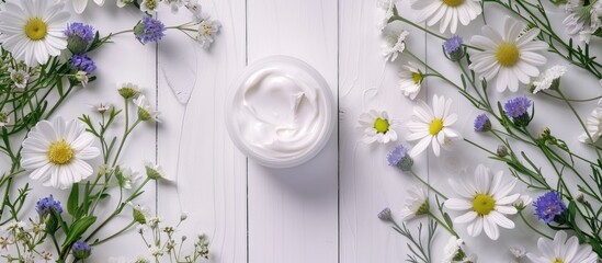 Poster - A cosmetic cream surrounded by herbal flowers displayed elegantly on a white wood table with ample copy space for an image