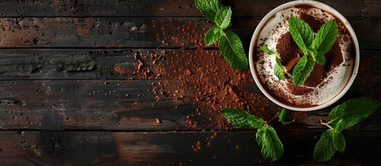 Poster - An appetizing tiramisu dessert set on a dark wooden backdrop adorned with fresh mint featuring ample copy space image for added creativity