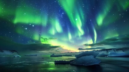 the sky is filled with green auroras and stars. the auroras are bright and colorful, creating a beau