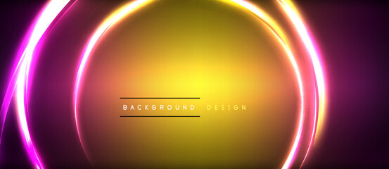 Aufkleber - Neon glowing circle rays, light round lines in the dark, planet style neon wave lines. Energetic electric concept design for wallpaper, banner, background
