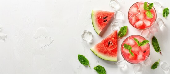 Aufkleber - Cold watermelon juice with ice and mint in a glass beside two watermelon slices on a white background creating copy space image