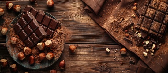 Aufkleber - Delicious milk chocolate topped with cocoa powder and hazelnuts on a wooden backdrop with copy space image