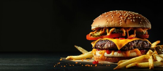 Poster - Burger with cheese veggies fries on black background with copy space image