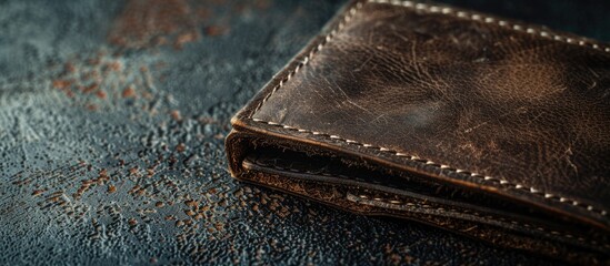 Poster - Brown leather wallet fragment on a dark backdrop with copy space image