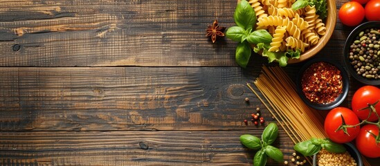 Aufkleber - Cooking essentials like pasta tomatoes salad and spices displayed on a wooden table with a copy space image