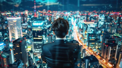 Wall Mural - A man in a suit is looking out over a city at night. Scene is one of awe and wonder at the beauty of the city at night