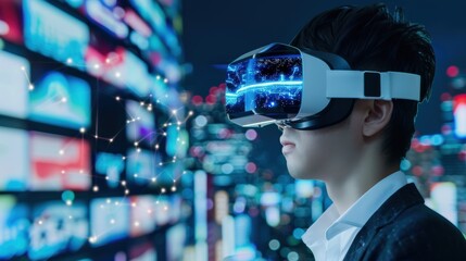 Poster - A man wearing a white shirt and black jacket is wearing a virtual reality headset. The image is of a cityscape with a large screen displaying a variety of images