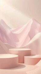 Poster - A pink mountain range with three small, round pedestals in the foreground