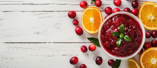 Aufkleber - A composition of cranberry sauce and orange arranged on a white wooden table with room for text around the elements in the copy space image