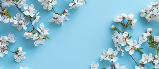 Poster - A view of delicate spring twigs with white blossoms on a blue backdrop from above creating a flat lay composition with copy space perfect for a card featuring pretty pink flowers