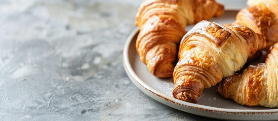 Poster - Close up image showing a plate of delicious croissants on a table with ample copy space image