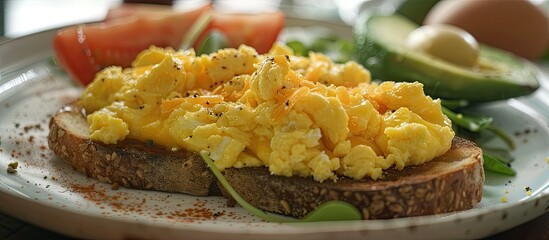 Poster - A delectable breakfast choice showcasing toast topped with creamy avocado gooey melted cheese and fluffy scrambled eggs ideal for a copy space image